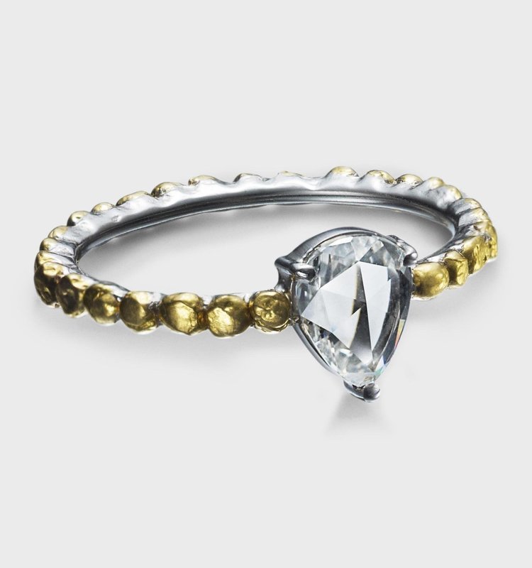 L'or Pear Rose Cut Diamond Ring 24k Gold Platinum