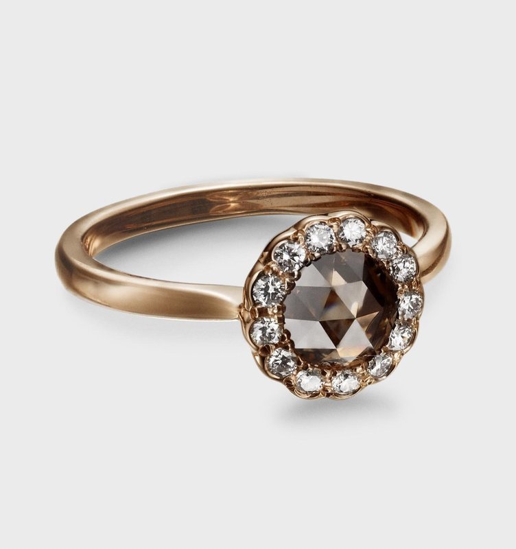 Zahr 0.95ct Rose Cut Brown Diamond Halo Ring 18k Rose Gold