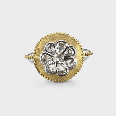 L'or Floral Shield Rose Cut Diamond Ring 24k Gold Platinum