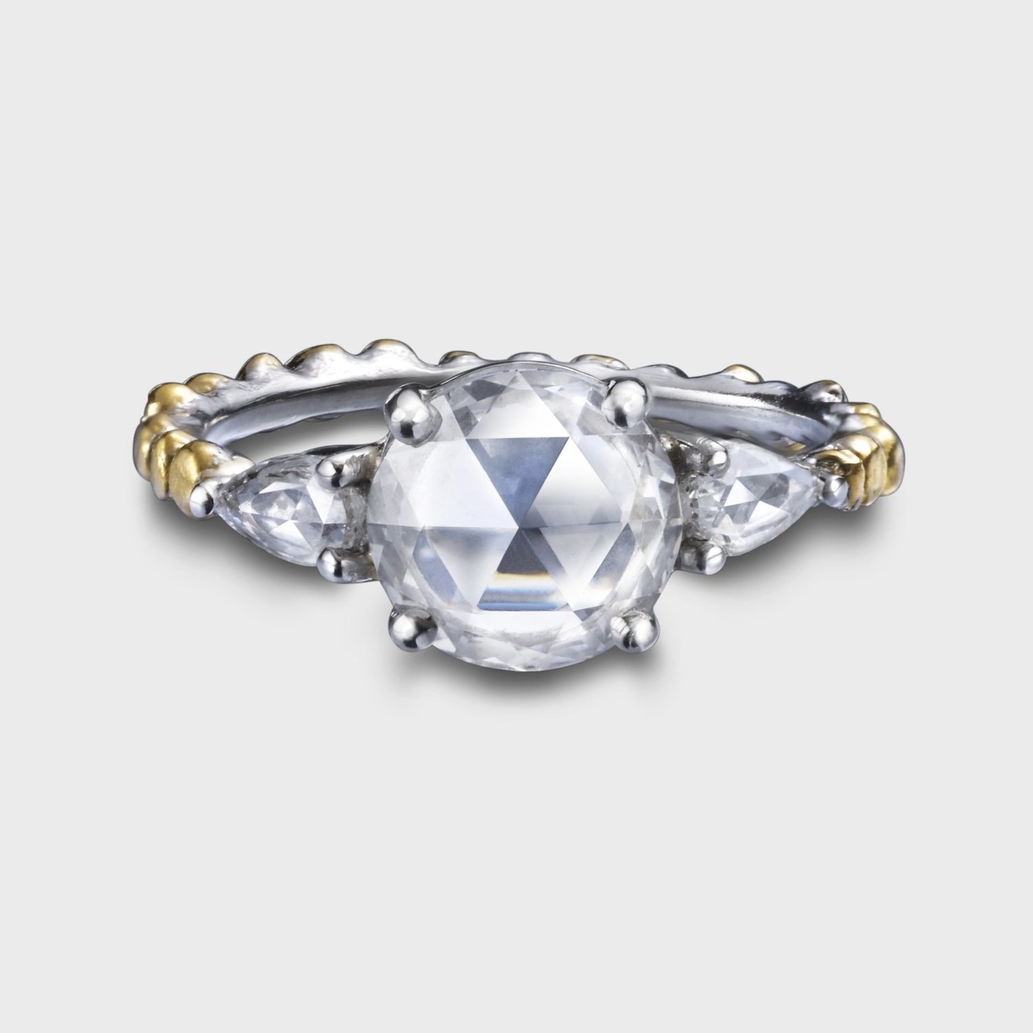 L'or Three Stone Rose Cut Diamond Ring 24k Gold Platinum
