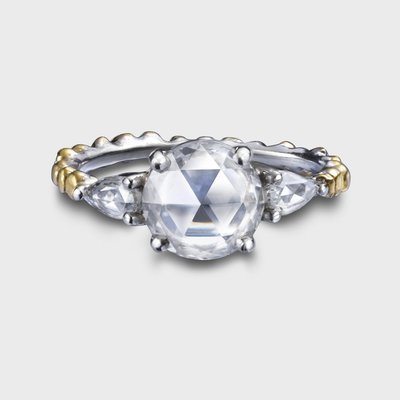 L'or Three Stone Rose Cut Diamond Ring 24k Gold Platinum