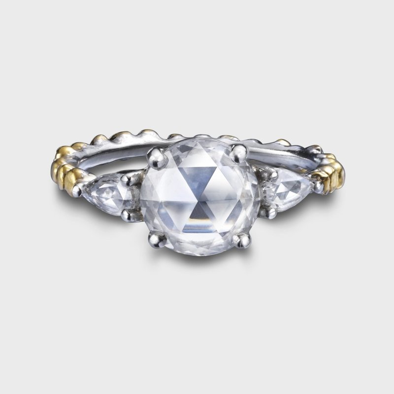L'or Three Stone Rose Cut Diamond Ring 24k Gold Platinum