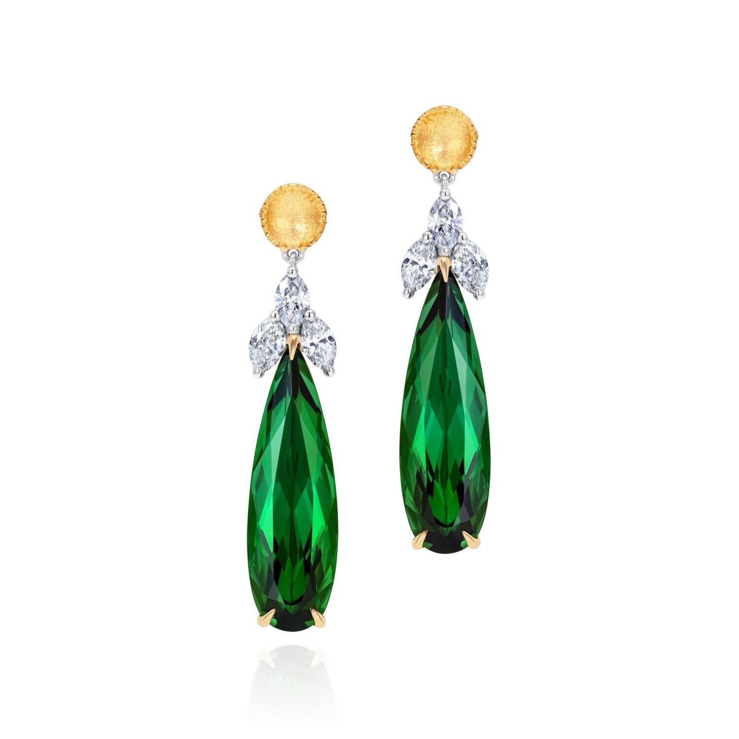 8.5ct Pear Tourmaline Marquise Diamond Earrings 18k Yellow Gold and Platinum 8.5ct Pear Tourmaline Marquise Diamond Earrings 18k Yellow Gold and Platinum