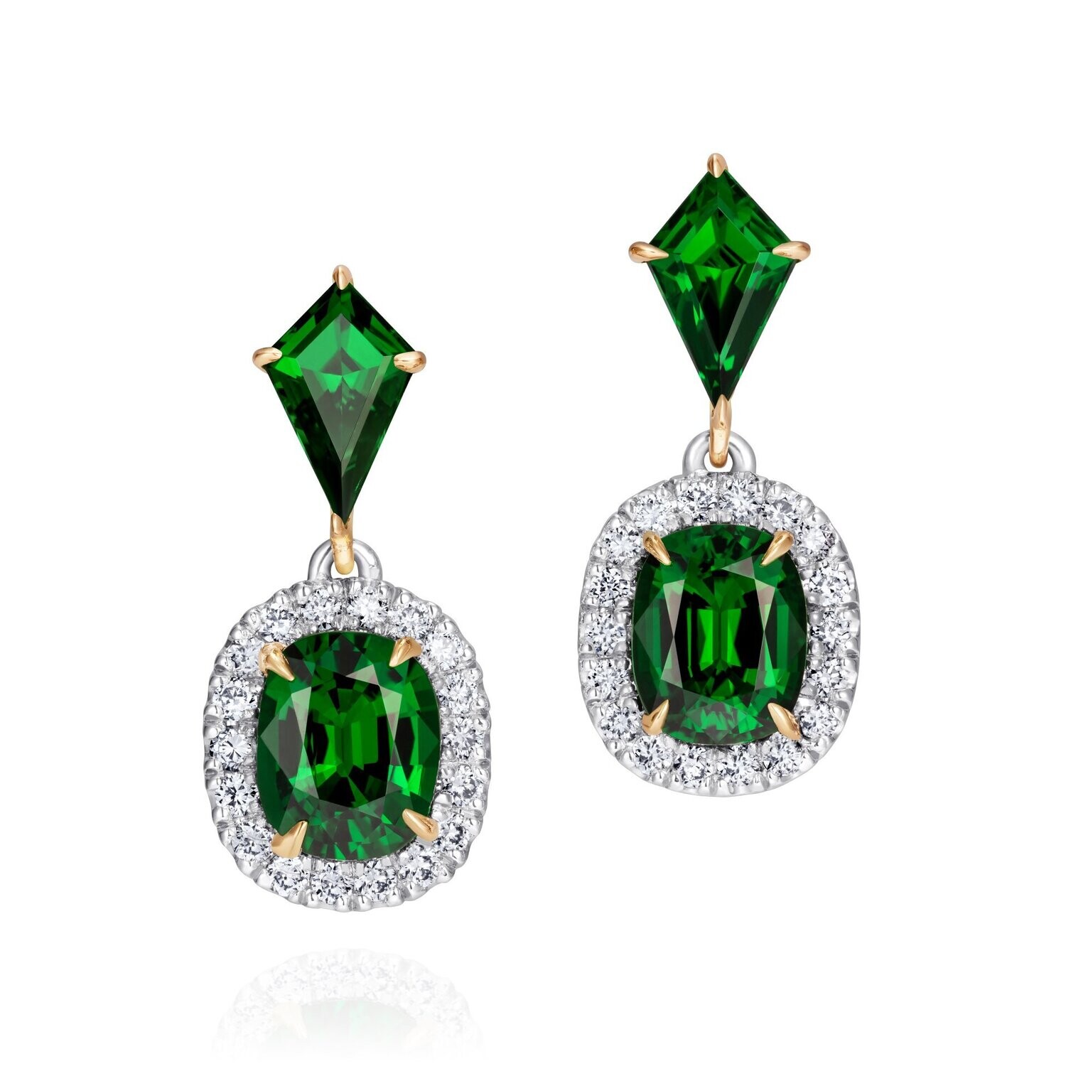 Green Tsavorite and Diamond Halo Earrings Platinum 18k Yellow Gold Green Tsavorite and Diamond Halo Earrings Platinum 18k Yellow Gold