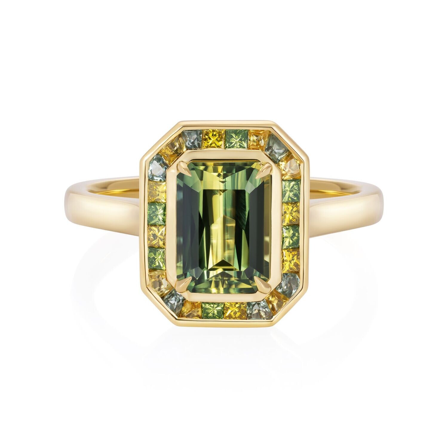 Bicolour Yellow Green Sapphire Diamond Halo Ring 18k Yellow Gold Platinum