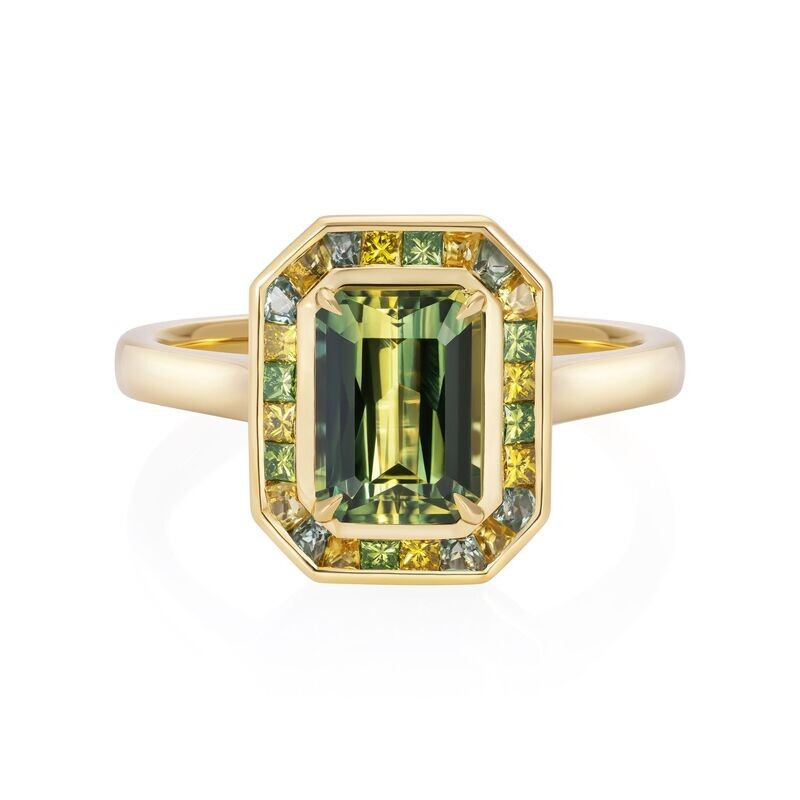 Bicolour Yellow Green Sapphire Diamond Halo Ring 18k Yellow Gold Platinum