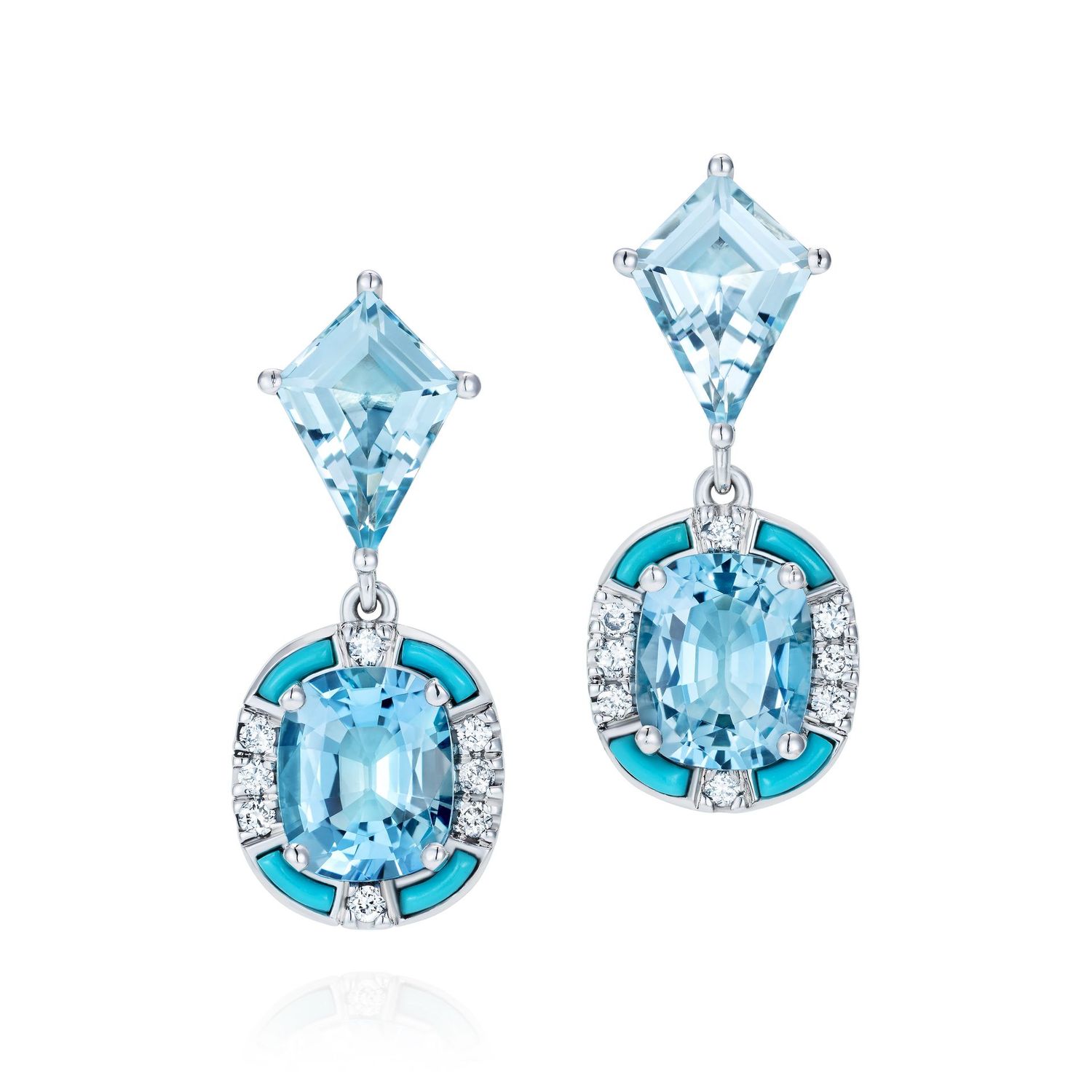 Aquamarine Cushion Kite Diamond Earrings Platinum