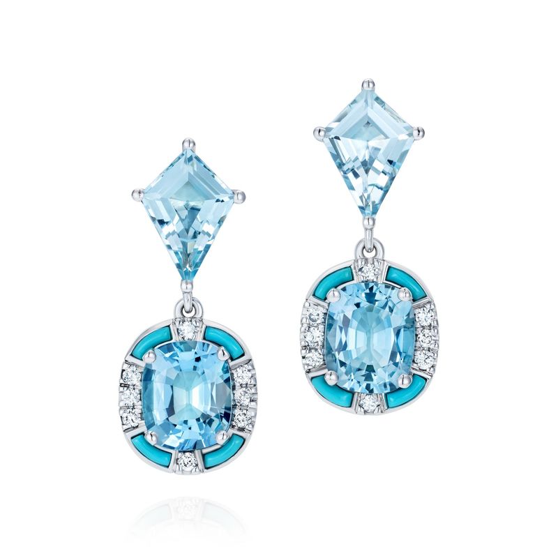 Aquamarine Cushion Kite Diamond Earrings Platinum