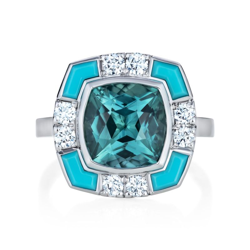 Lagoon Tourmaline Turquoise Diamond Platinum Ring