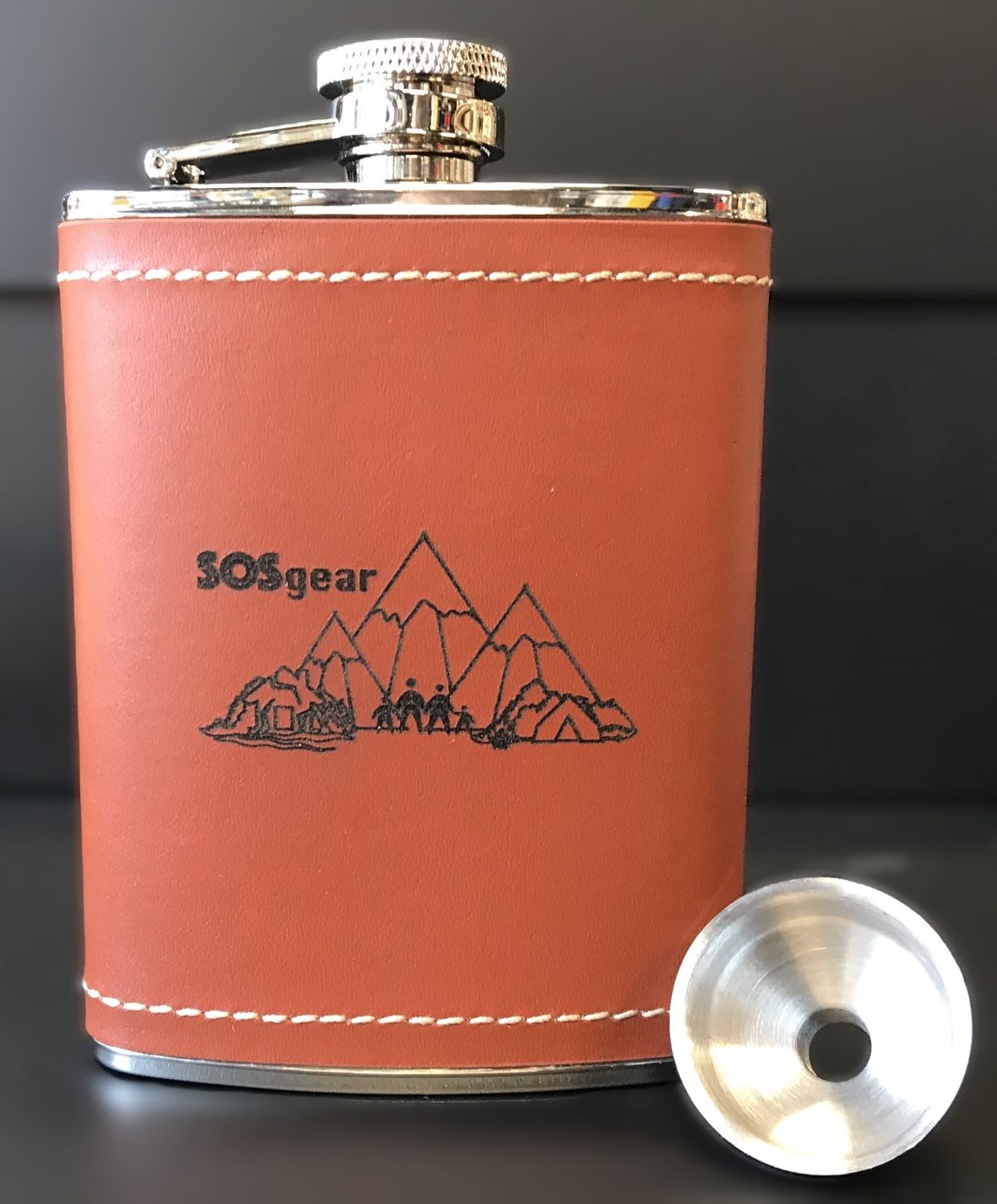 GSI - Glacier Stainless Hip Flask, Leather Wrap w/ SOS Logo