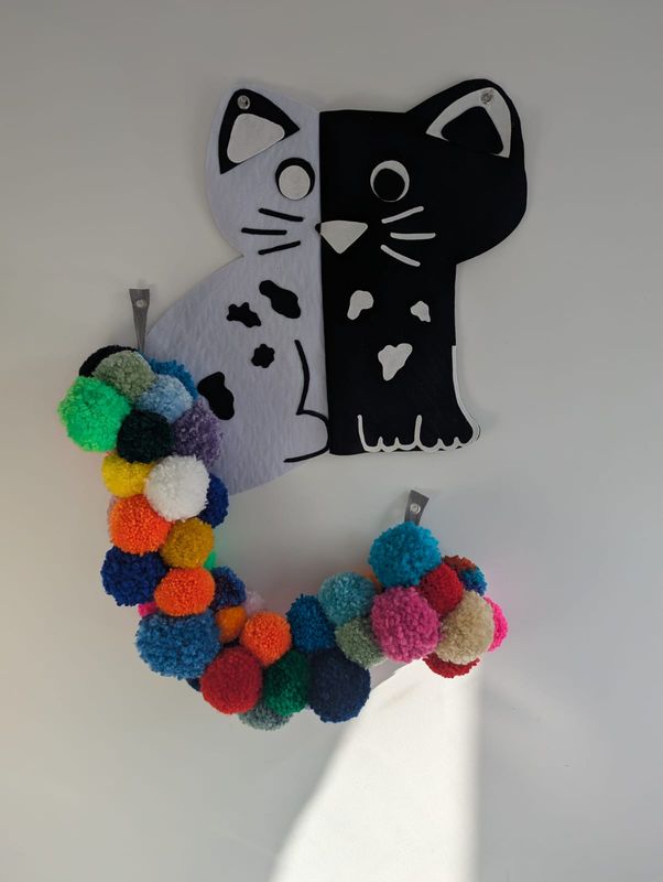 Black And White Cat With Pom Pom Tail Handmade Soft Sculpture Wall Art