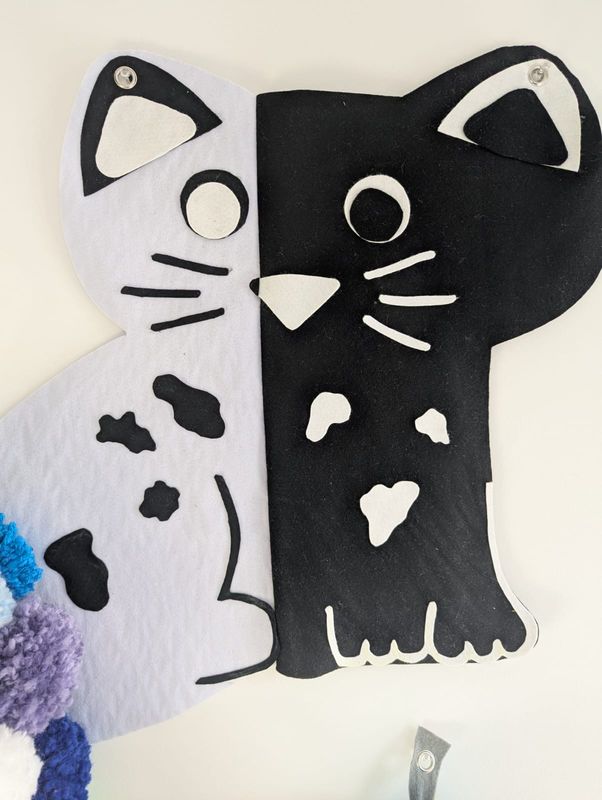 Black And White Cat With Pom Pom Tail Handmade Soft Sculpture Wall Art