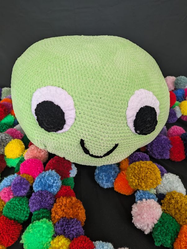 Huge Handmade Octopus With Crochet Body & Pom Pom Legs Soft Sculpture Artwork