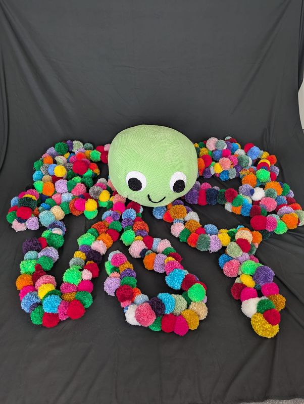 Huge Handmade Octopus With Crochet Body & Pom Pom Legs Soft Sculpture Artwork