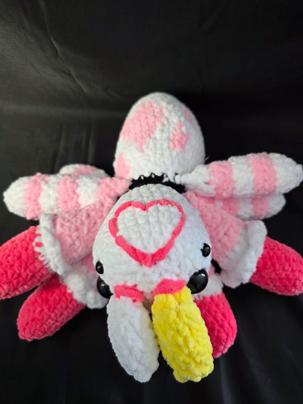 Crochet Angel Dust-Inspired Spider Plush | Pink & White Heart-Detail Plushie | Handmade Hazbin Hotel Fan Art