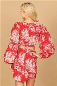RED CREAM LONG PUFF SLEEVE TIE FRONT PRINTED TOP &amp; SKIRT SET