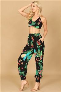 BLACK COWL NECK SPAGHETTI STRAP TROPICAL CROP TOP &amp; PANTS SET