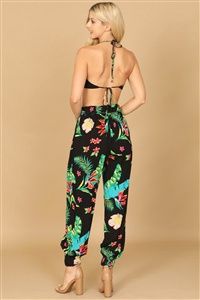 BLACK COWL NECK SPAGHETTI STRAP TROPICAL CROP TOP &amp; PANTS SET