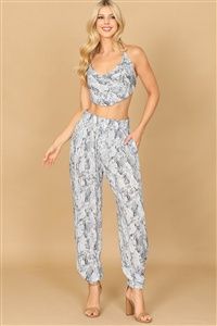 BLUE COWL NECK HALTER SNAKE PRINT TOP &amp; PANTS SET