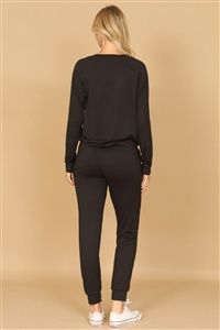 SOLID LONG SLEEVE TOP AND JOGGERS SET WITH SELF TIE- BLACK