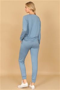 CNTBL - SOLID LONG SLEEVE TOP AND JOGGERS SET WITH SELF TIE- CORONET BLUE