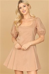 BROWN PUFF SLEEVE SCOOP NECK A-LINE DRESS 2-2