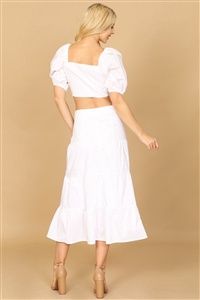 WHITE PUFF SLEEVE KNOT FRONT SOLID CROP TOP &amp; SKIRT SET