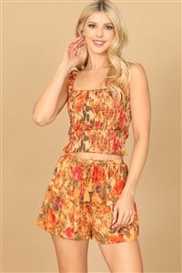ORANGE FLORAL STRAP SHIRRED PAINTERLY CROP TOP &amp; SHORT SET