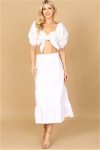 WHITE PUFF SLEEVE KNOT FRONT SOLID CROP TOP &amp; SKIRT SET