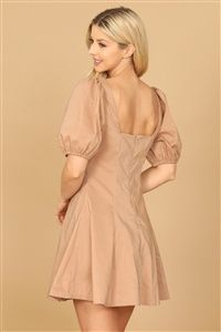 BROWN PUFF SLEEVE SCOOP NECK A-LINE DRESS 2-2