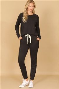 SOLID LONG SLEEVE TOP AND JOGGERS SET WITH SELF TIE- BLACK