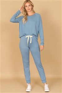 CNTBL - SOLID LONG SLEEVE TOP AND JOGGERS SET WITH SELF TIE- CORONET BLUE
