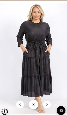 PLUS SIZE LONG SLEEVE FRONT POCKETS SELF TIE ELASTIC WAIST MAXI DRESS