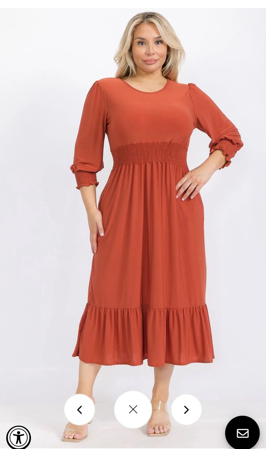 PLUS SIZE 3/4 SLEEVE SMOCK WAIST FRONT POCKETS RUFFLE BOTTOM HEM MAXI DRESS