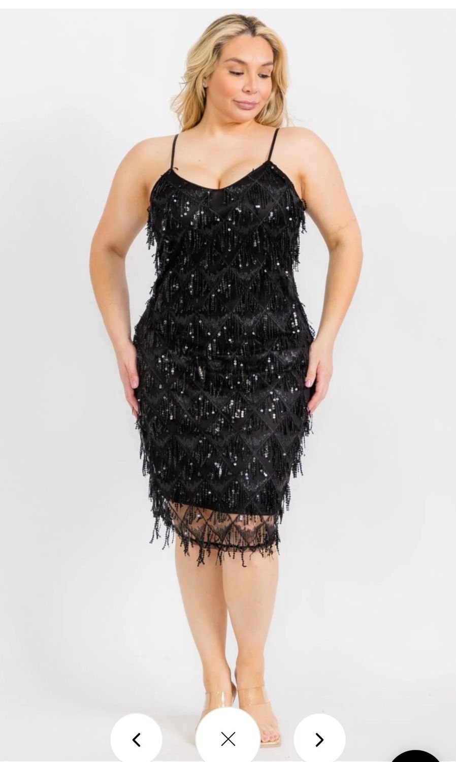 PLUS SIZE SLEEVELES V-NECK BODYCON FRINGE SEQUINS MIDI DRESS