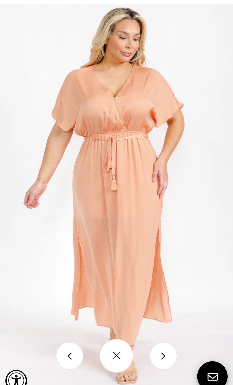 PLUS SIZE SHORT SLEEVE V-NECK SELF TIE SIDE SLIT MAXI DRESS