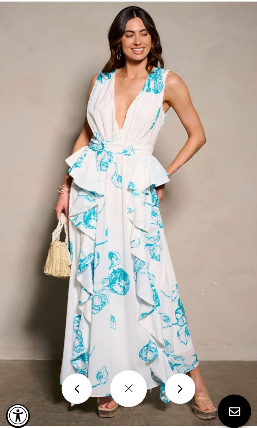 WOMEN&#39;S SLEEVELESS V-NECK RUFFLE PRINTED MAXI DRESS