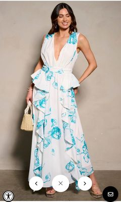 WOMEN&#39;S SLEEVELESS V-NECK RUFFLE PRINTED MAXI DRESS