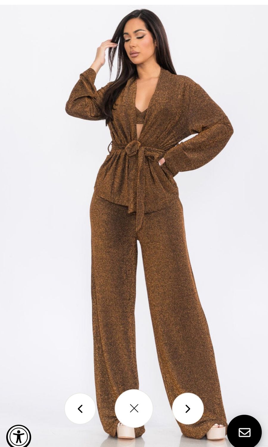 WOMEN&#39;S LONG SLEEVE CARDIGAN WITH CROP TOP &amp; WIDE LEG PANTS SHIMMER 3PC. SET