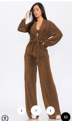 WOMEN&#39;S LONG SLEEVE CARDIGAN WITH CROP TOP &amp; WIDE LEG PANTS SHIMMER 3PC. SET