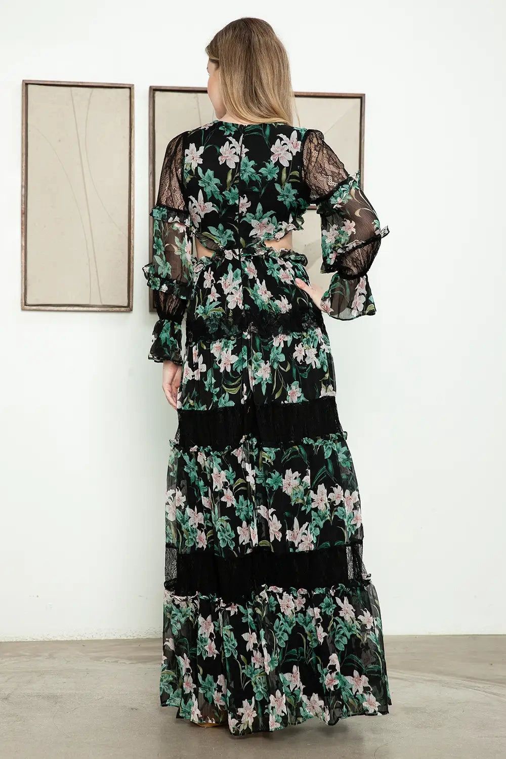 Floral Lace Panel Tiered Maxi Dress - Bohemian Cutout Ruffle Sleeve