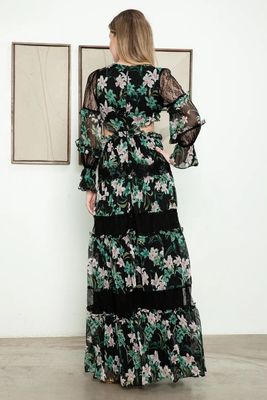Floral Lace Panel Tiered Maxi Dress - Bohemian Cutout Ruffle Sleeve