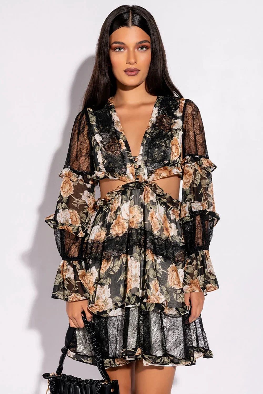Floral Lace Detail V-Neck Tiered Cut-Out Back Zipper Mini Dress