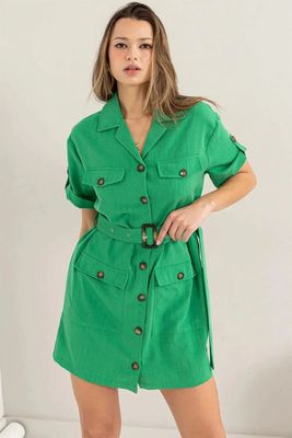 Vibrant Green Button Down Belted Safari Utility Mini Dress