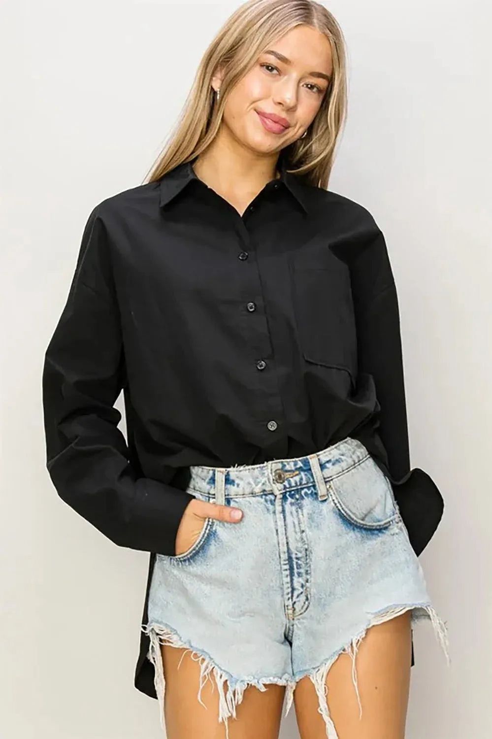 Woven Botton Down Single Pocket Premium Cotton Blazer Top