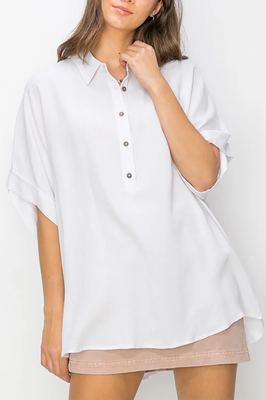 Oversized Button-Down Collared Short Sleeve Polo Top