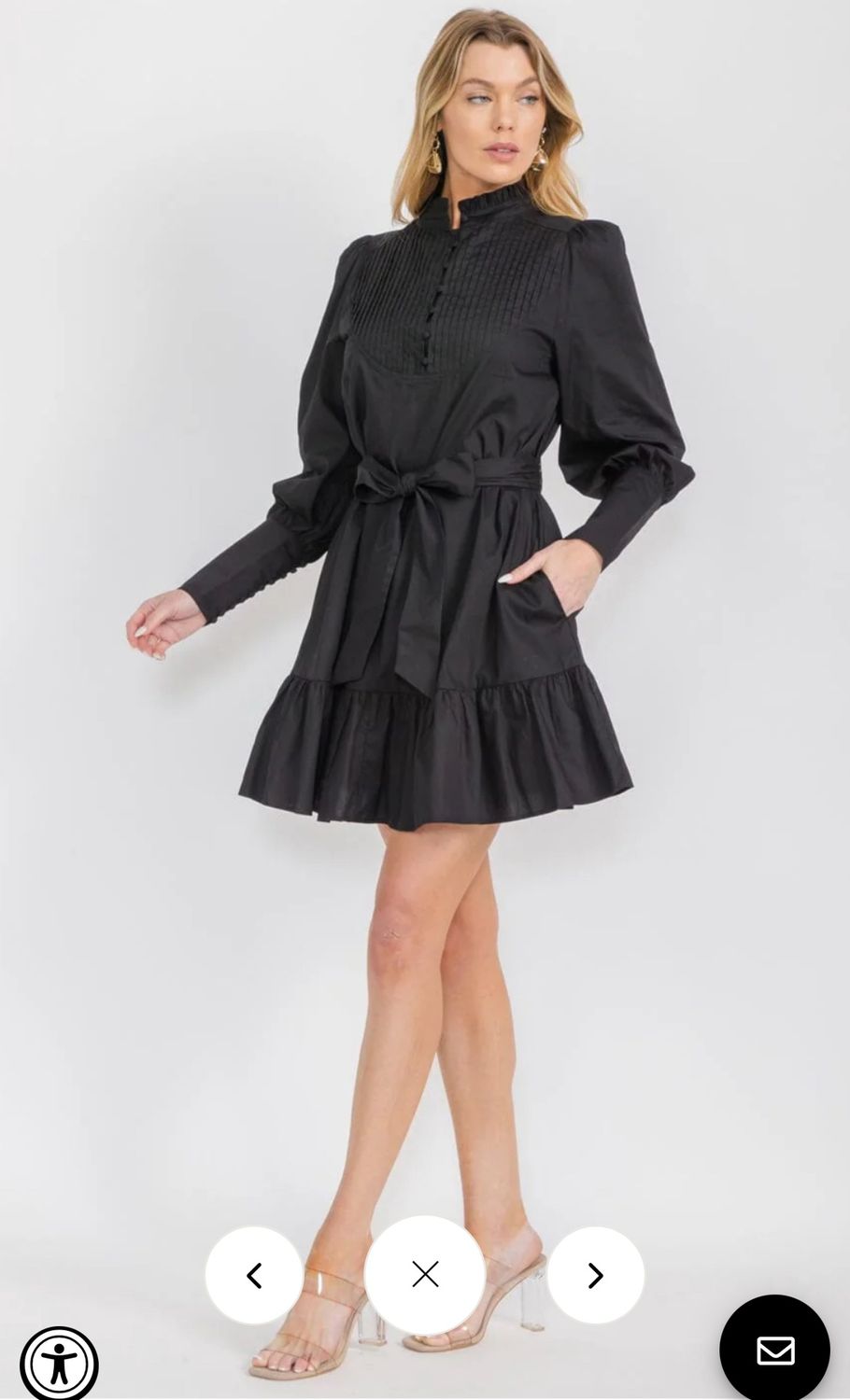 WOMEN&#39;S LONG SLEEVE BUTTON UP SELF TIE POCKETS TIERED MINI DRESS