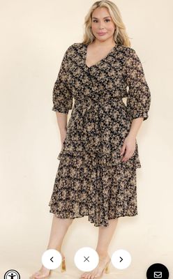 PLUS SIZE 3/4 SLEEVES SURPLICE ELASTIC WAIST SELF TIE FLORAL PRINT MIDI DRESS
