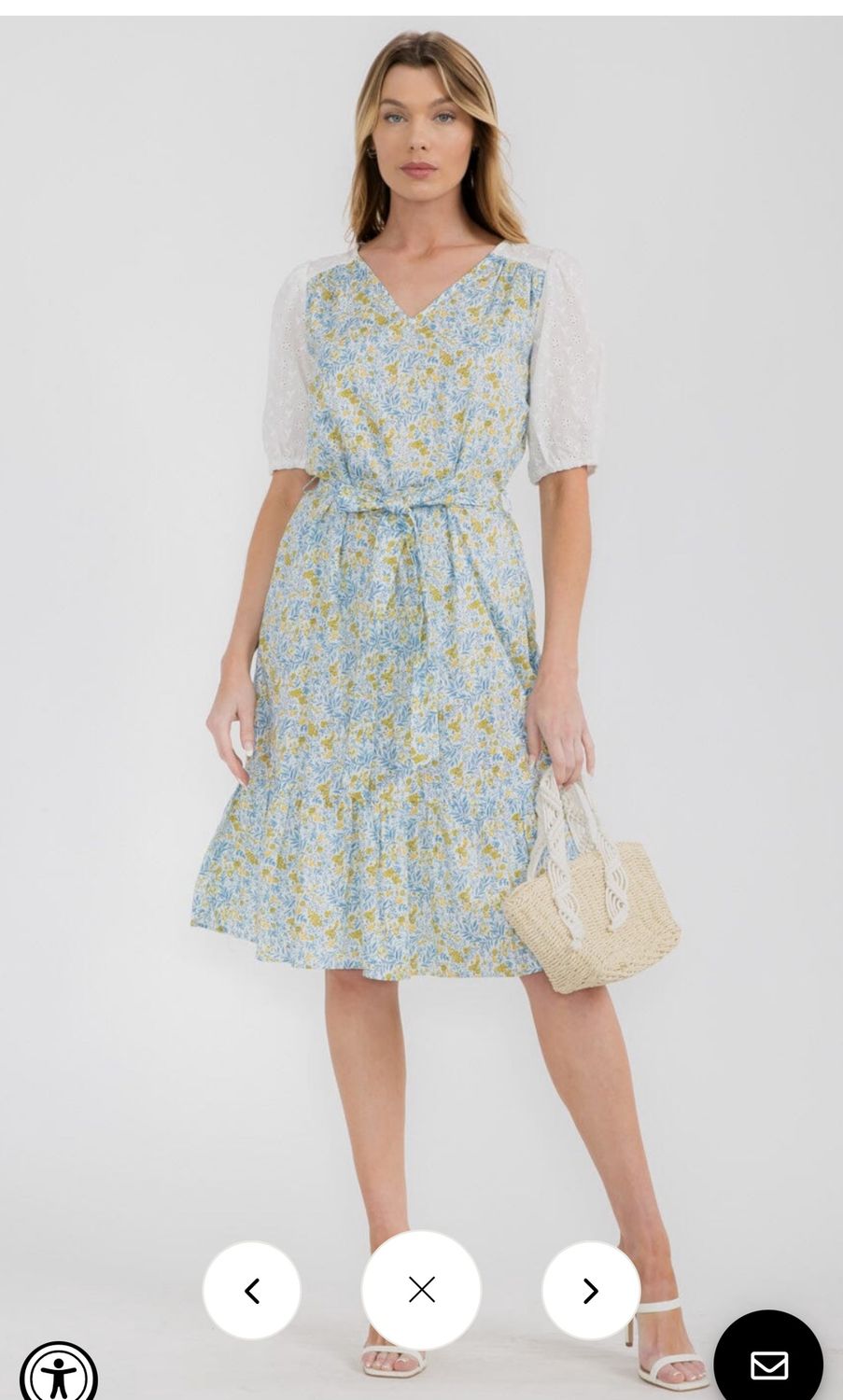 WOMEN&#39;S SHORT PUFF SLEEVE V-NECK SELF TIE FLORAL MIDI DRESS