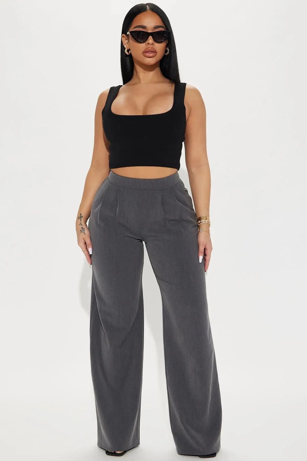 Charcoal High-Waisted Wide Leg Classic Trousers